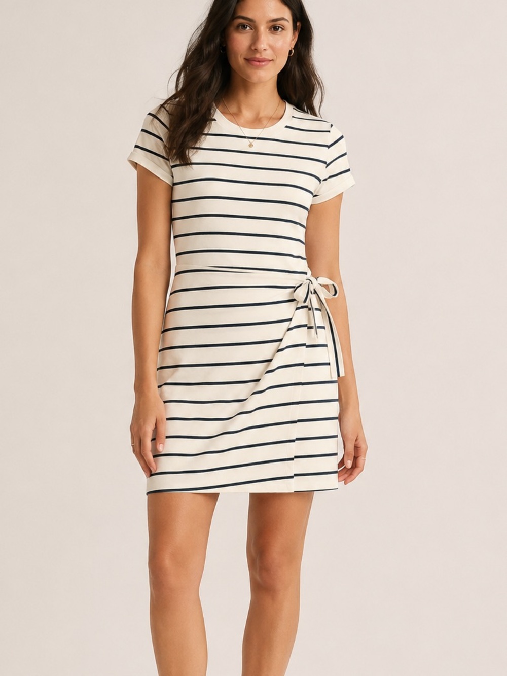 Threads 4 Thought Cream & Navy Striped Tie-Side Mini Dress